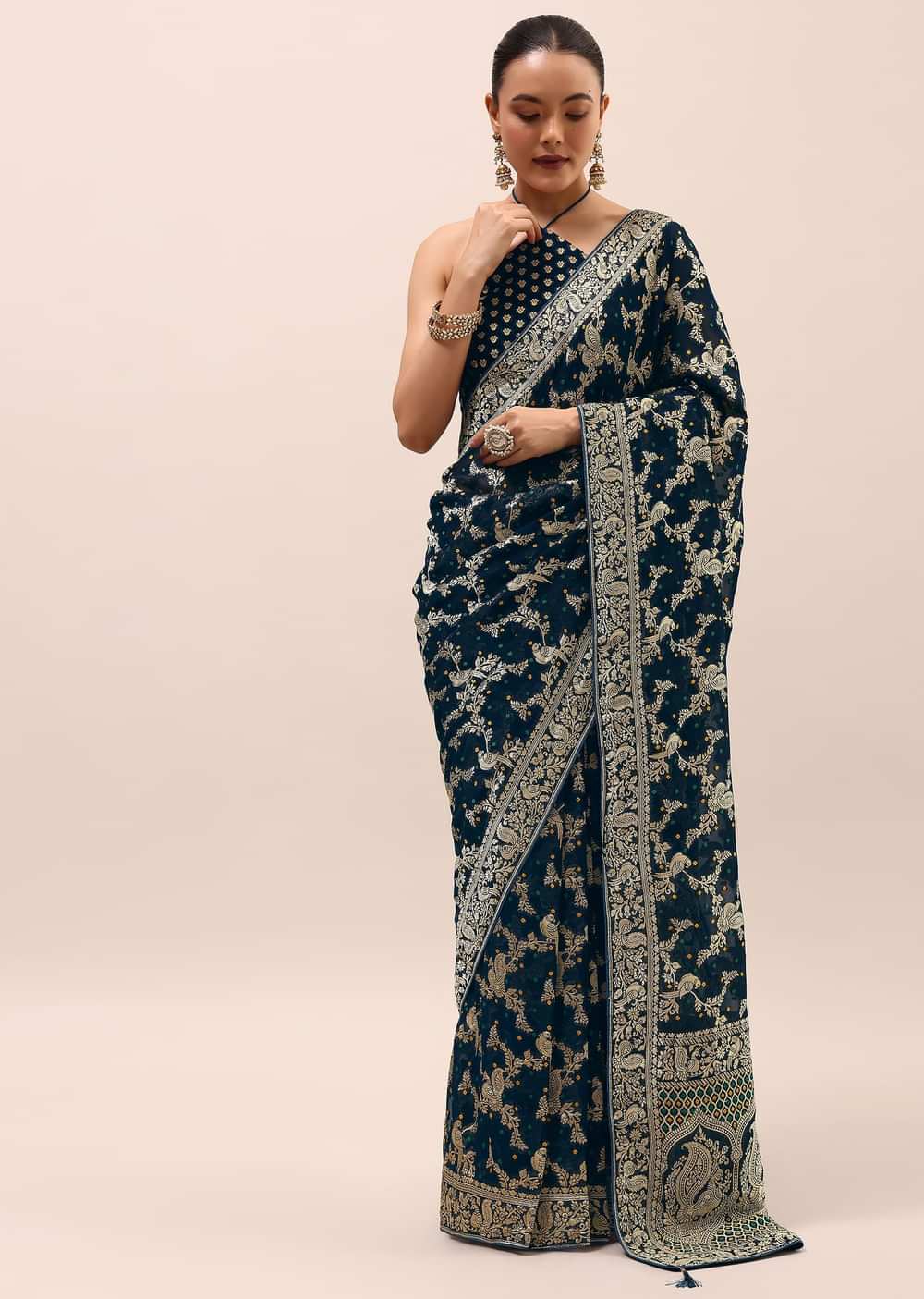 Peacock Blue Saree In Zari Jaal With Unstitched Blouse