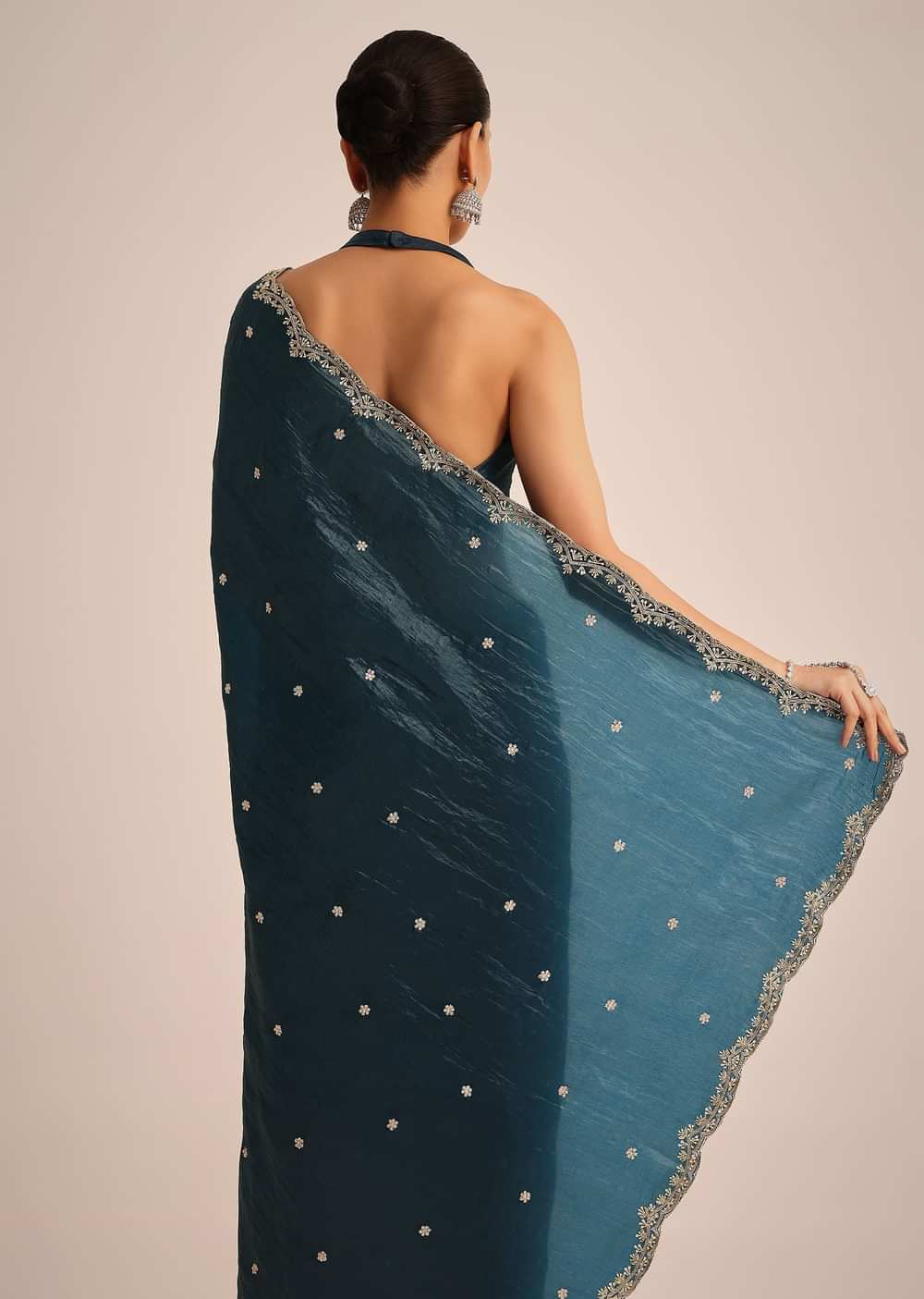 Peacock Blue Tissue Saree With Sequin And Cutdana Border And Unstitched Blouse