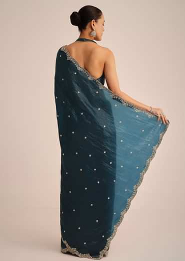 Peacock Blue Tissue Saree With Sequin And Cutdana Border And Unstitched Blouse