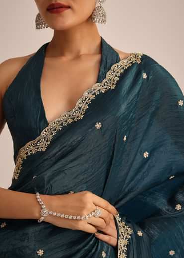 Peacock Blue Tissue Saree With Sequin And Cutdana Border And Unstitched Blouse