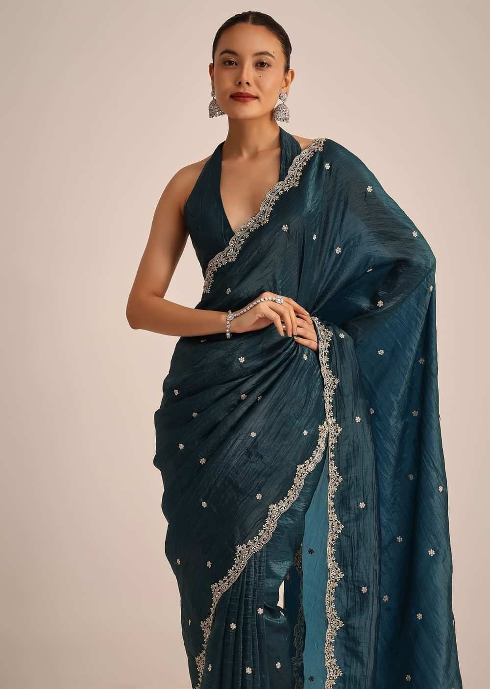 Peacock Blue Tissue Saree With Sequin And Cutdana Border And Unstitched Blouse