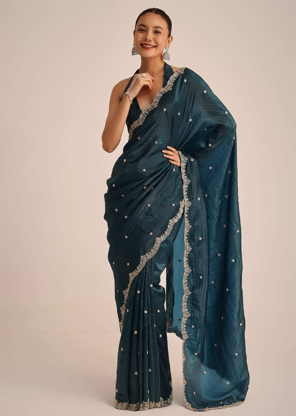 Peacock Blue Tissue Saree With Sequin And Cutdana Border And Unstitched Blouse