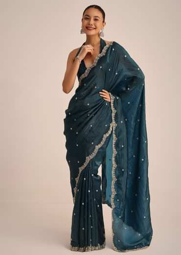 Peacock Blue Tissue Saree With Sequin And Cutdana Border And Unstitched Blouse