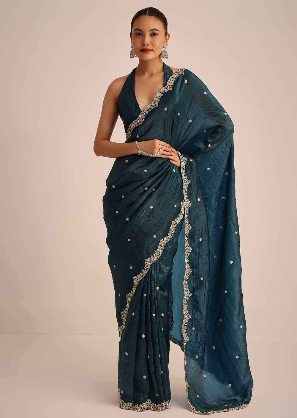 Peacock Blue Tissue Saree With Sequin And Cutdana Border And Unstitched Blouse