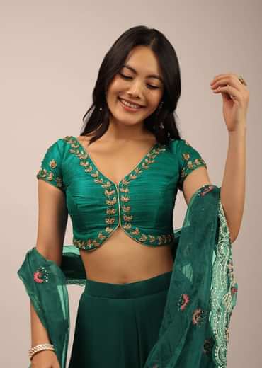 Peacock Green Blouse In Raw Silk With Zardosi Embroidery And A Diamond Cut Out On The Back