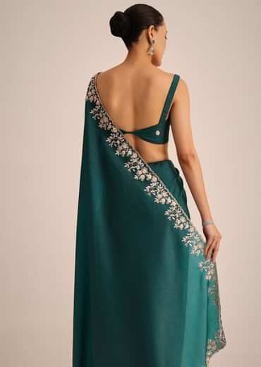 Peacock Green Crushed Tissue Saree With Cutdana And Sequin Border With Unstitched Blouse