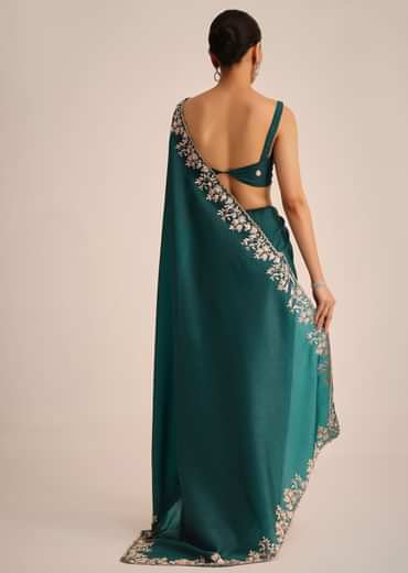 Peacock Green Crushed Tissue Saree With Cutdana And Sequin Border With Unstitched Blouse