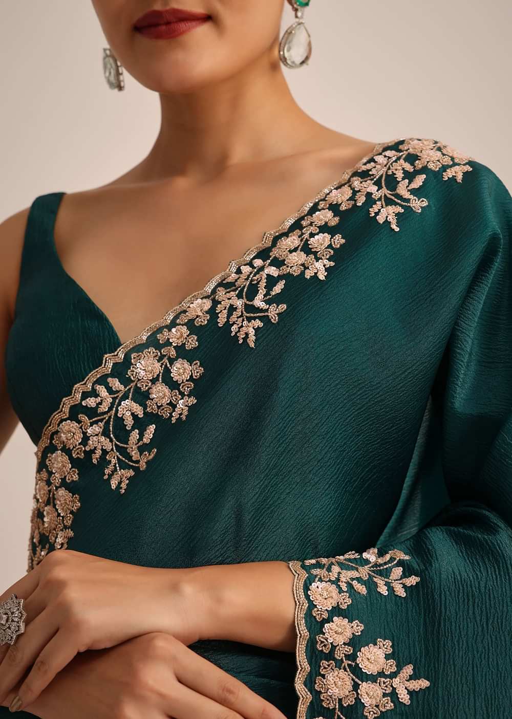 Peacock Green Crushed Tissue Saree With Cutdana And Sequin Border With Unstitched Blouse