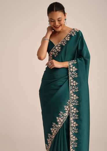 Peacock Green Crushed Tissue Saree With Cutdana And Sequin Border With Unstitched Blouse