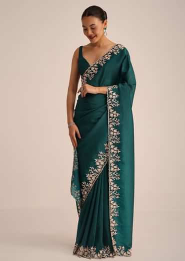 Peacock Green Crushed Tissue Saree With Cutdana And Sequin Border With Unstitched Blouse