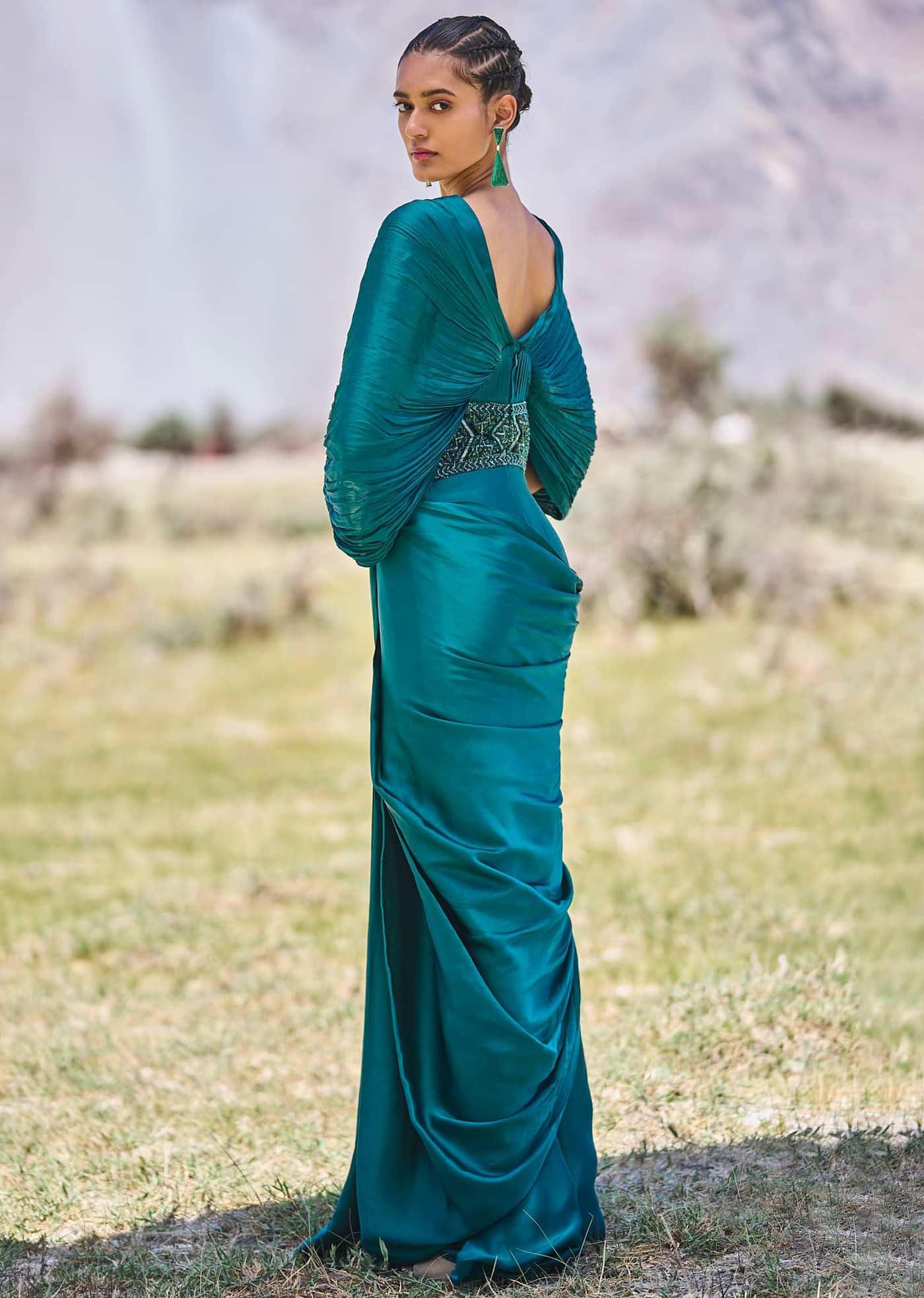 Peacock Green Embroidered Pre Draped Gown With Kimono Sleeves