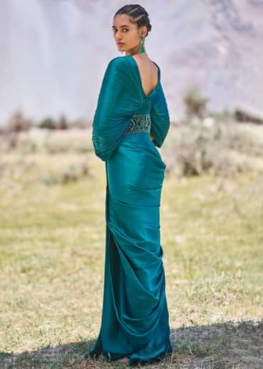 Peacock Green Embroidered Pre Draped Gown With Kimono Sleeves