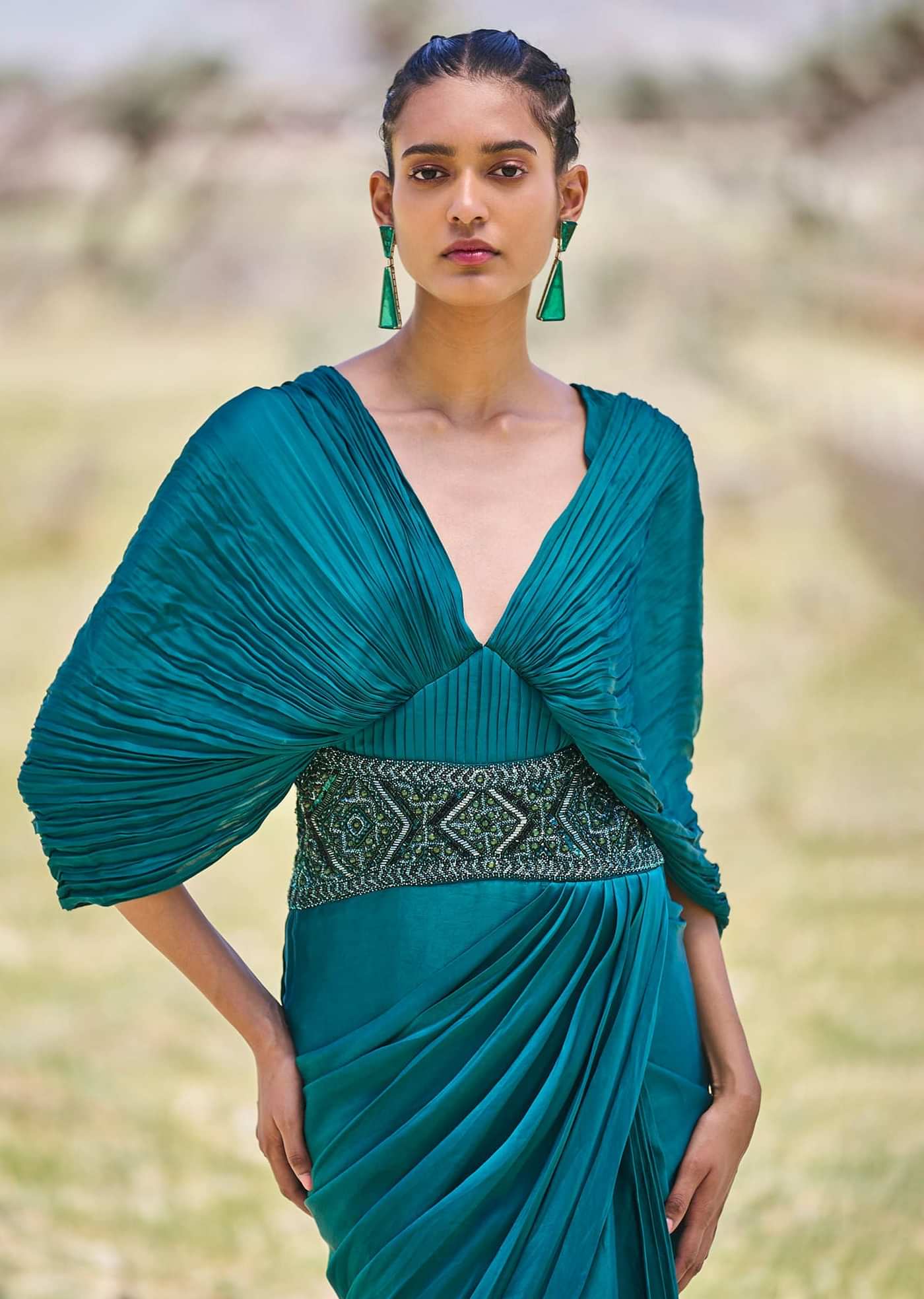 Peacock Green Embroidered Pre Draped Gown With Kimono Sleeves