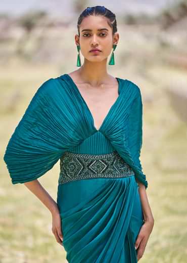 Peacock Green Embroidered Pre Draped Gown With Kimono Sleeves