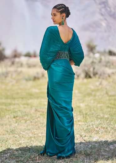 Peacock Green Embroidered Pre Draped Gown With Kimono Sleeves