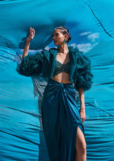 Peacock Green Satin Pre Draped Skirt Set With Ruffle Jacket