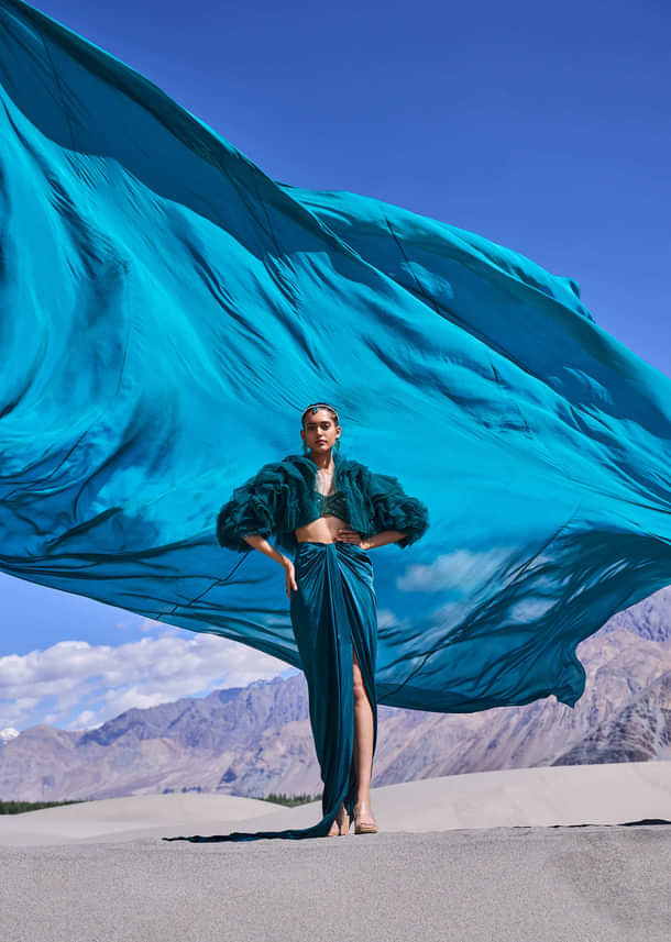 Peacock Green Satin Pre Draped Skirt Set With Ruffle Jacket
