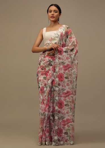 Pearl White Embroidered Organza Saree With Floral Print And Scallop Borders