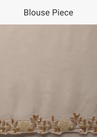 Pearl White Embroidered Organza Saree With Floral Print And Scallop Borders