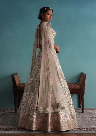 Pearl White Embroidered 12 Kali Bridal Lehenga In Raw Silk With Hand Embroidery