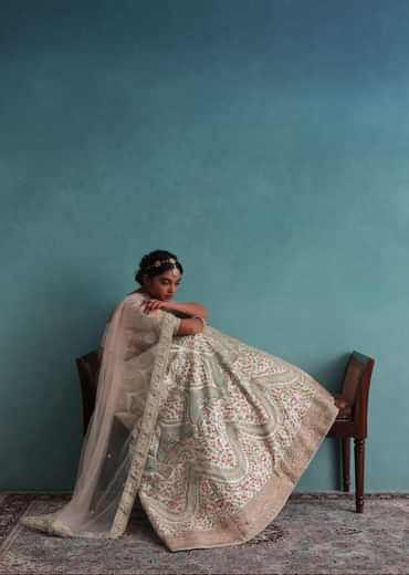 Pearl White Embroidered 12 Kali Bridal Lehenga In Raw Silk With Hand Embroidery