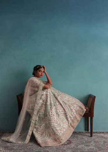 Pearl White Embroidered 12 Kali Bridal Lehenga In Raw Silk With Hand Embroidery