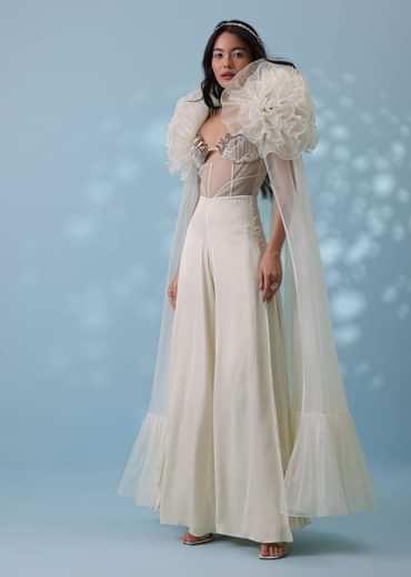 Pearl White Satin Indowestern Embroidered Jumpsuit With Net Shrug