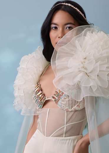 Pearl White Satin Indowestern Embroidered Jumpsuit With Net Shrug