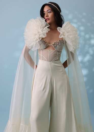 Pearl White Satin Indowestern Embroidered Jumpsuit With Net Shrug