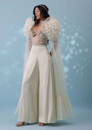 Pearl White Satin Indowestern Embroidered Jumpsuit With Net Shrug