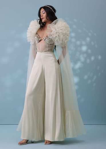 Pearl White Satin Indowestern Embroidered Jumpsuit With Net Shrug