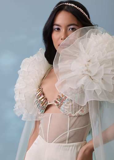 Pearl White Satin Indowestern Embroidered Jumpsuit With Net Shrug