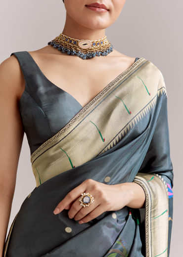 Pencil Grey Dola Silk Woven Muniya Paithani Saree With Zari Border