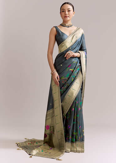 Pencil Grey Dola Silk Woven Muniya Paithani Saree With Zari Border