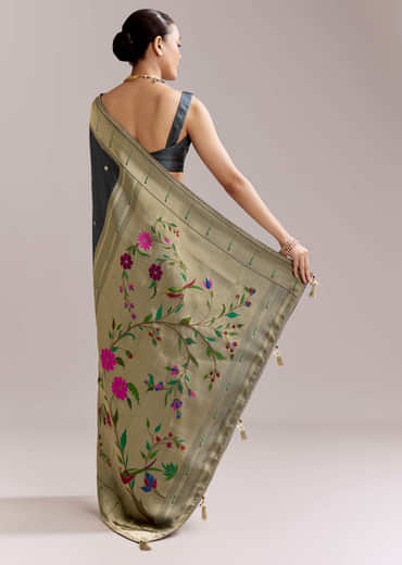 Pencil Grey Dola Silk Woven Muniya Paithani Saree With Zari Border