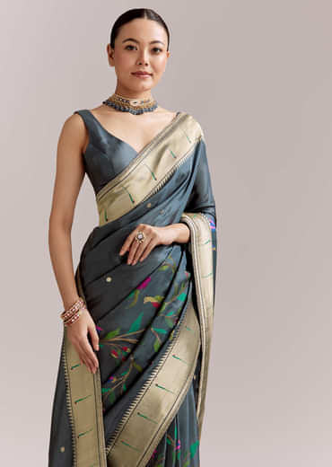Pencil Grey Dola Silk Woven Muniya Paithani Saree With Zari Border