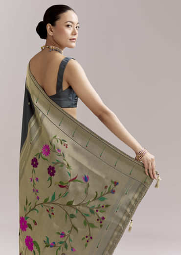 Pencil Grey Dola Silk Woven Muniya Paithani Saree With Zari Border