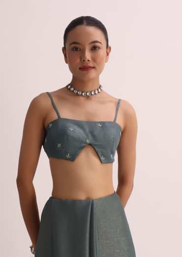 Pencil Grey Saree With Embroidered Border And Unstitched Blouse