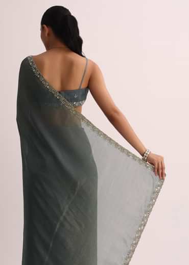 Pencil Grey Saree With Embroidered Border And Unstitched Blouse