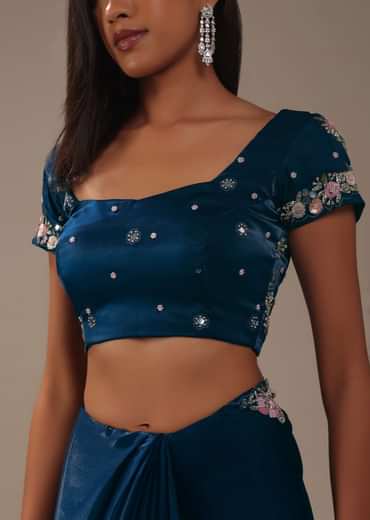 Persian Blue 3D Embroidered Saree In Tissue Silk