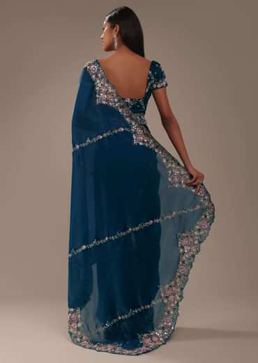 Persian Blue 3D Embroidered Saree In Tissue Silk