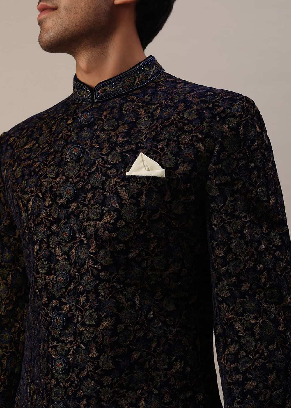 Persian Blue Floral Embroidered Sherwani Set In Velvet