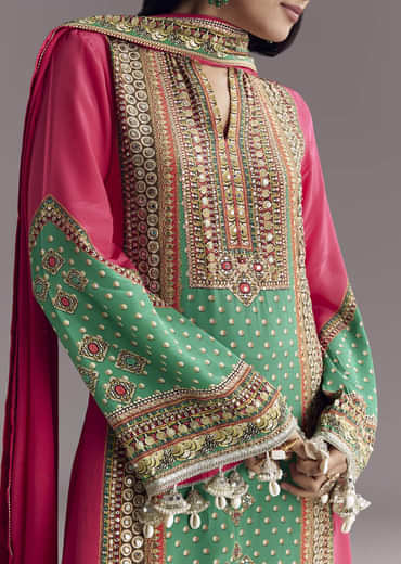Pink And Green Printed Kurta Palazzo Set