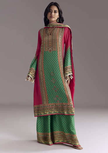 Pink And Green Printed Kurta Palazzo Set