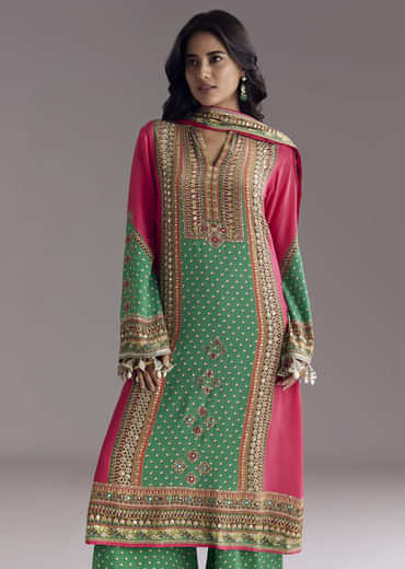 Pink And Green Printed Kurta Palazzo Set