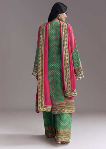 Pink And Green Printed Kurta Palazzo Set