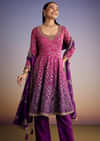 Pink And Purple Ombre Bandhani Anarkali Suit With Zardosi Neckline