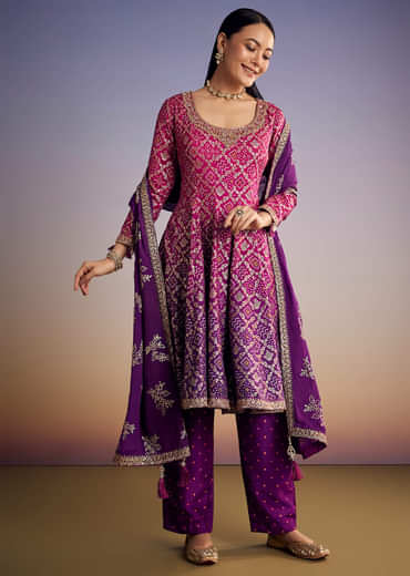 Pink And Purple Ombre Bandhani Anarkali Suit With Zardosi Neckline