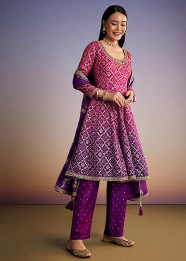 Pink And Purple Ombre Bandhani Anarkali Suit With Zardosi Neckline