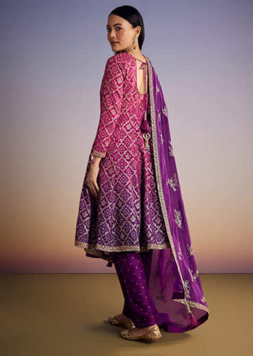 Pink And Purple Ombre Bandhani Anarkali Suit With Zardosi Neckline